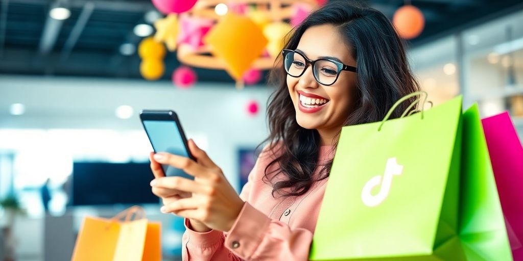 Person using TikTok app with shopping bags around.