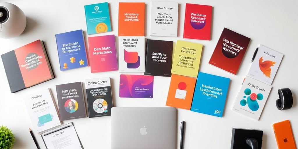 Flat lay of digital products on a stylish workspace.